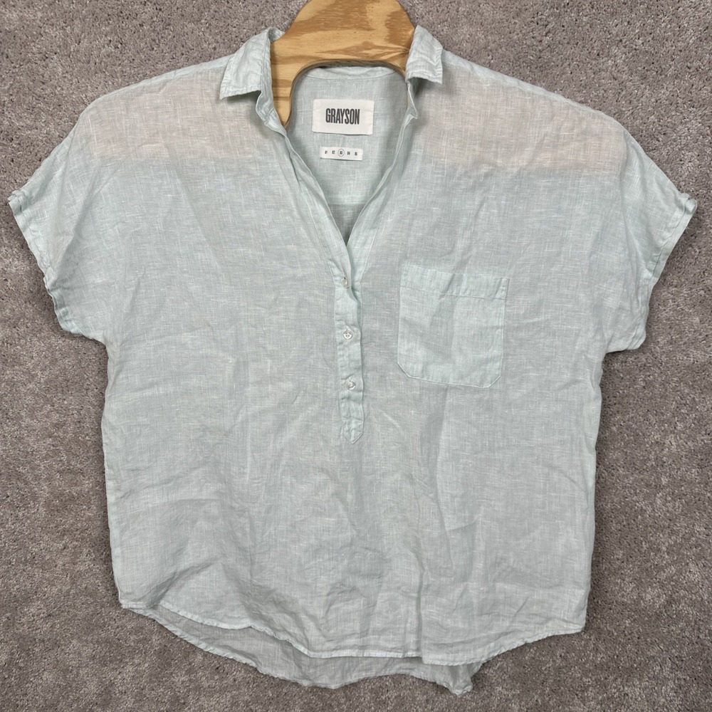 Grayson Women's The Artist 100% Linen Short Sleeve Blue Popover Coastal Shirt 03